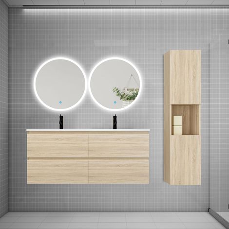 AICA Ensemble meuble double vasque L.120cm 4 tiroirs + lavabo + 2LED miroirs rond 60cm + colonne C,chêne