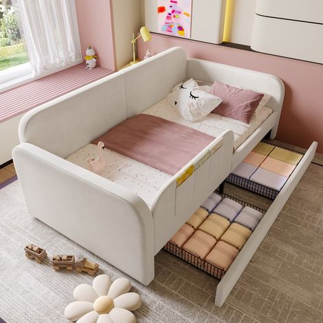 Lit banquette 90 x 200 cm blanc métal et bois avec revêtement velours, 2 tiroirs et poches de rangement, sans matelas (1/5)