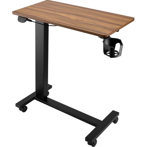 Mophorn Mesa de Cama Ajustable, Mesa Auxiliar Móvil con 4 Ruedas, Elevación Eléctrica con Botón Mejorado,Escritorio Portátil con Portavasos, Altura Regulable para Uso en el Hogar, Color Madera y Negro