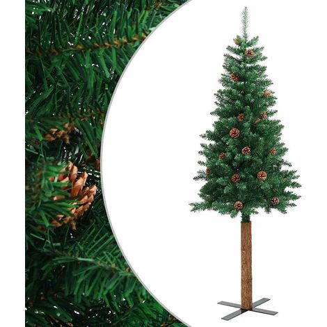 Sapin de Noël  Arbre de Noël mince avec bois véritable et cônes vert 180cm PVC (1/5)