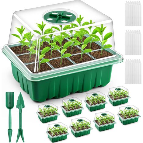 Lot de 12 Plateaux de démarrage pour graines, Kits de démarrage pour semis épais avec kit de démarrage pour Plantes à 144 cellules avec Mini Serre d'intérieur à dôme d'humidité (1/5)