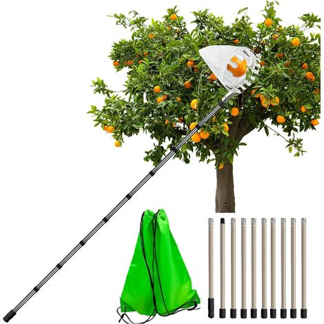 Cueille Fruit Telescopique 4M Ramasse Pomme avec Perche Télescopique INOX et Sac Diamètre 16 cm Cueille Fruit pour Cerises Pommes Poires (1/5)
