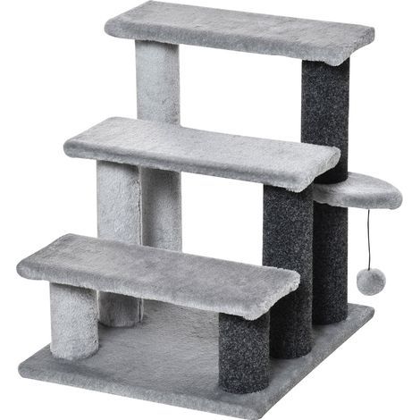 AMXCNOY Rampe pour chat rampe pour animaux rampe pour chien 3 marches avec balle de jeu peluche gris 45x40x48cm pour chats et chiens (1/5)