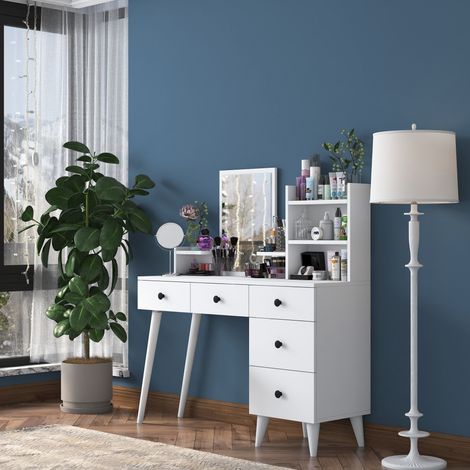 Tocador Certaldo, Mueble de Maquillaje con Espejo, 5 Cajones, Estructura Negra, 125x40x94h cm Blanco (1/5)