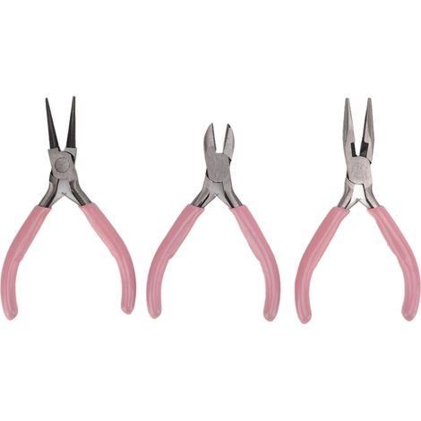 Ensemble de 3 pinces à bijoux roses, à bec rond et diagonal, en acier au carbone robuste et durable, pour les loisirs créatifs. (1/5)