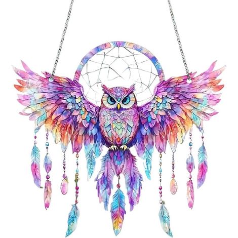 Owl-shaped suncatcher, stained glass owl, colorful wings, feather pattern, sunlight reflection, vibrant colors, decorative spiritual symbol, dreamcatcher for home (1/5)