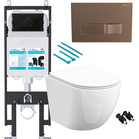 Gloss White Rimless D Shape Wall Hung Toilet with 1.14m Concealed Cistern Frame Set - Brushed Copper Plate (1/4)