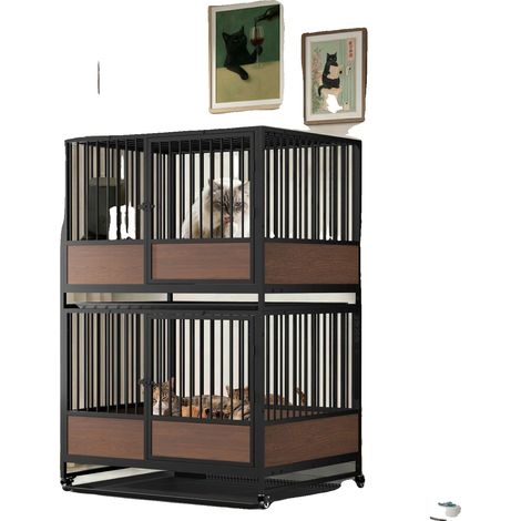 Cage à chat, construction en métal, plateau amovible, Noyer foncé (1/2)
