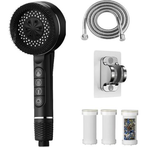 High Pressure Shower Head, Anti-Limescale Shower Head, Filter Shower Head with 1.5M Hose and Holder, 4 Spray Patterns, Bathroom Shower Head with Water Stop Button, Black (1/5)