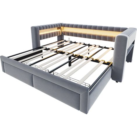 Cama tapizada sofá cama extensible 90x190 cm gris con cajones, almacenaje, LED y USB/USB-C (1/5)