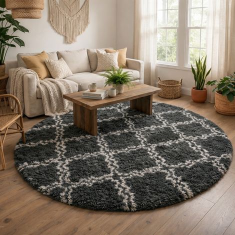 Tappeto rotondo per soggiorno, morbido e soffice, antiscivolo, 120x120 cm, colore grigio, modello lanterna.