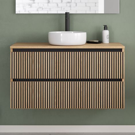 Meuble de salle de bain 100cm avec plateau et vasque à poser ronde - 2 tiroirs - sans miroir - roble era (chêne clair) - VENERIA