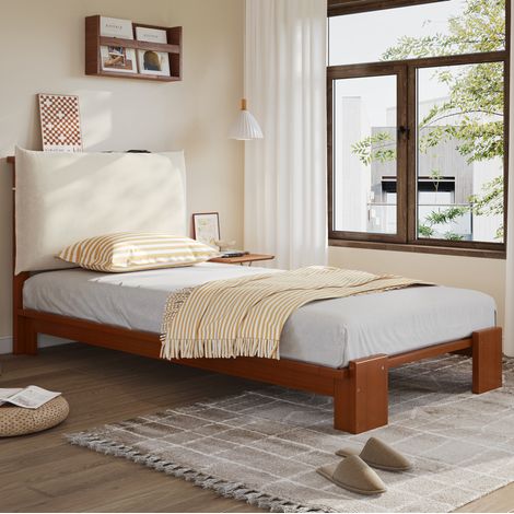Cama individual minimalista 90x200 cm de madera y tela marrón oscuro, con cabecero acolchado y somier de láminas (1/5)
