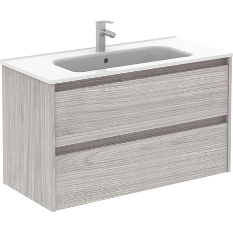 SANSA - ROYO Ensemble meuble de salle de bain compact 2 tiroirs - ROYO Couleur : Gris sablé - Options : Meuble + Lavabo - Dimensions : 100 cm (1/2)