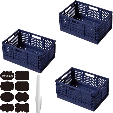 3 Pièces Caisses Pliable Plastique Bleu 30x20x12cm,Boîtes de Rangement Pliables Empilable Cagettes Plastique Pliable Paniers Rangement avec Poignée pour Cuisine Chambre à Coucher Bureau (1/5)