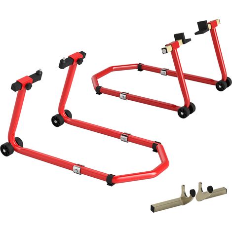 Motorradständer, Tragkraft 390 kg, verstellbare Vorder- und Hinterradstütze, U+L-Gabeln, Klemmclips, rot, 43x36x64 cm. Ideal für Wartungs- und Reparaturarbeiten.