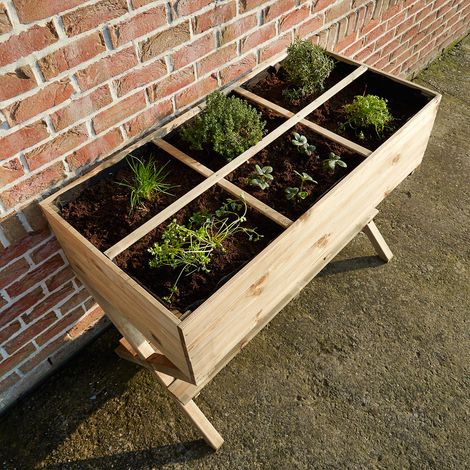 Cémonjardin – Potager sur pieds en pin traité autoclave 90 cm – 120 x 60 cm pour 6 cultures – Feutre géotextile inclus – Tablette de rangement (1/4)
