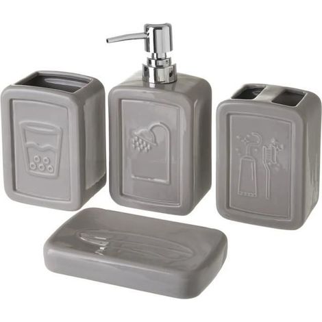 Ensemble d'accessoires salle de bain 4 pièces,set salle de bain avec distributeur de savon en céramique coloris gris-JUANIO (1/4)