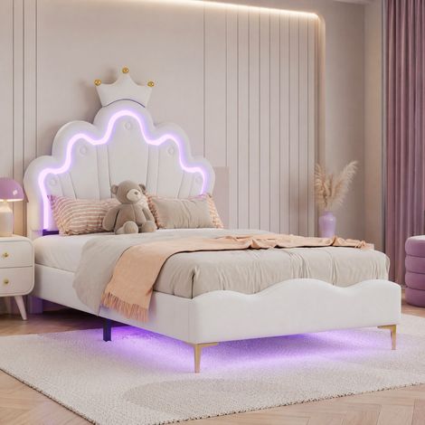 DESMIU Lit simple 1 place avec LED réglable et tête de lit réglable 90 × 200 cm, sans matelas, blanc (1/5)