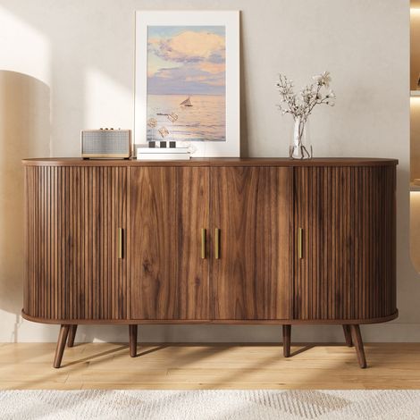 Credenza bassa, 150x40x79 cm, madia per soggiorno, sala da pranzo e ingresso, design arrotondato con ante scorrevoli e piedini, noce (1/5)