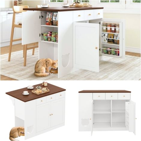 Îlot de cuisine, desserte de cuisine et buffet avec tiroirs 120 × (40+30) × 90 cm - avec plan de travail coulissant, étagère à épices, coin repas pour animaux (sans plateau pour chat), Blanc + noyer (1/5)