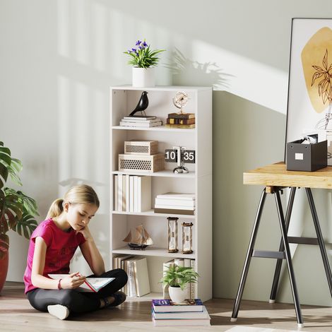 Bibliothèque à 5 niveaux avec 3 étagères modulables. En bois. 60 x 24 x 133,5 cm. Blanche.