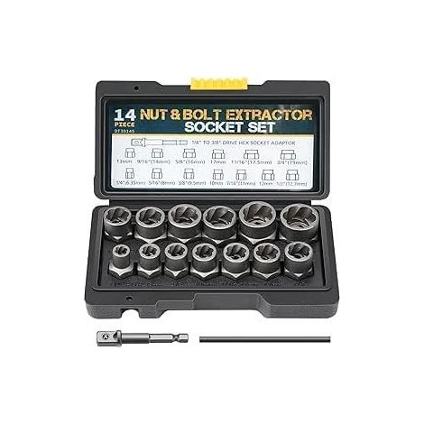 14 Piece Socket Set, Bolt Extractor Set, Locking Wheel Nut Removal Tool, 3/8" Impact Socket Set and Rounded Bolt Extractor, Bolt Extractor (1/4)