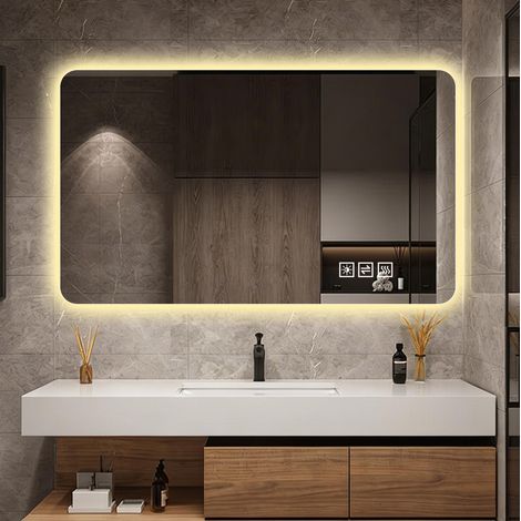 Specchio da bagno 60x100 cm, con illuminazione LED e funzione antiappannamento, in vetro e metallo, argentato (1/5)