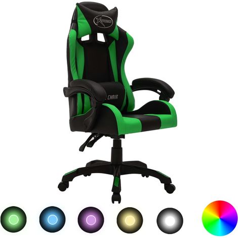 Silla gaming con luces LED RGB cuero sintético verde y negro