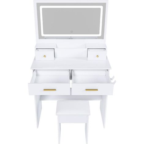 Schlafzimmer Schminktisch mit XXL Spiegel (75x48 cm), inkl. gepolstertem Hocker, Steckdose, Haartrockner-Halter, 4 Schubladen, 3-farbig dimmbares LED-Licht - Weiß, B80/H137/T40 cm. (1/5)