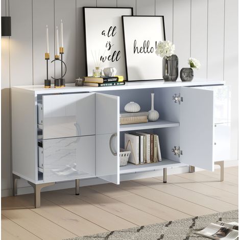 Buffet blanc 150 x 38 x 59,5 cm avec 4 tiroirs, 2 portes, MDF brillant (1/5)