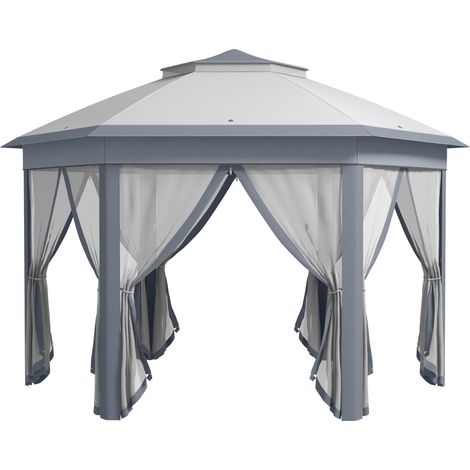 Pavillon de jardin pliable, tente pop-up 4x4 m, tente de réception avec sac de transport et 6 panneaux latéraux, double toit, hexagonale, grise, pour fêtes de jardin (1/5)