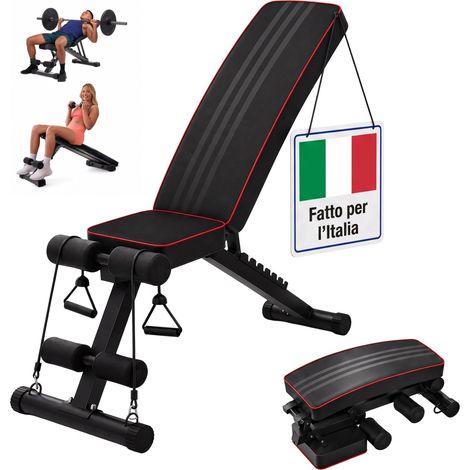Relaxdays Panca pesi pieghevole regolabile fino a 150 kg, 2 elastici, 4 in 1, nera per casa