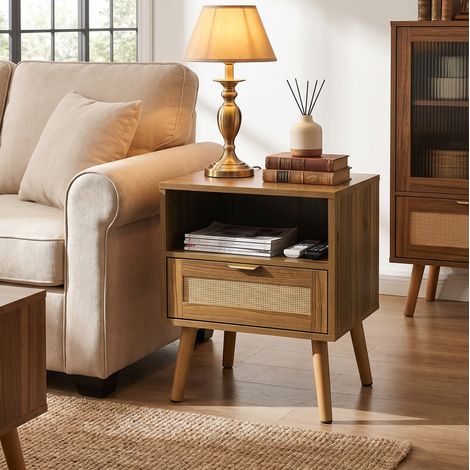 Comodino in rattan 45x40x55 cm, 1 cassetto e nicchia a giorno, stile bohémien, in MDF di legno di noce marrone (1/5)