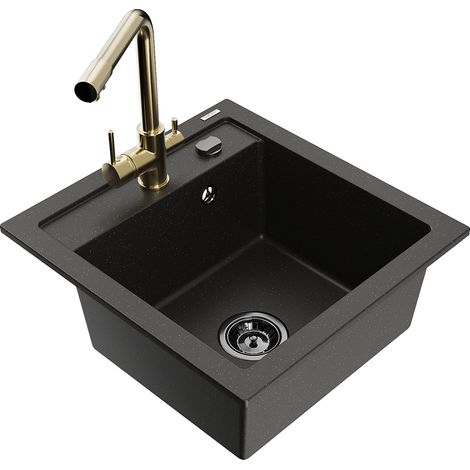 Mexen Vito lavello da cucina in granito a 1 vasca con miscelatore da cucina Duero, nero/oro metallizzato - 6503-75-671600-50-B (1/5)