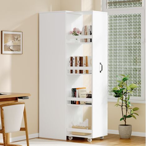 Schmales MDF-Regal mit Rollen, 40 x 30 x 160,5 cm, Weiß, OKWISH (1/5)
