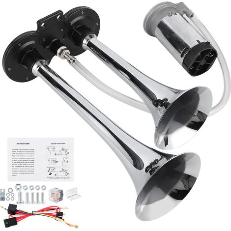 Klaxon pneumatique 12 V 135 dB à double trompette en alliage d'aluminium avec moteur pour voiture, camion et camping-car (argenté). (1/5)