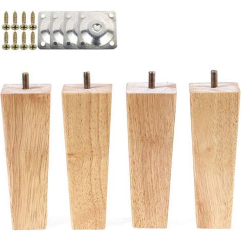 4 Pcs Pieds de Meuble en Bois 15cm Pieds de Armoire Lit avec Plaques de Montage et Vis (1/4)