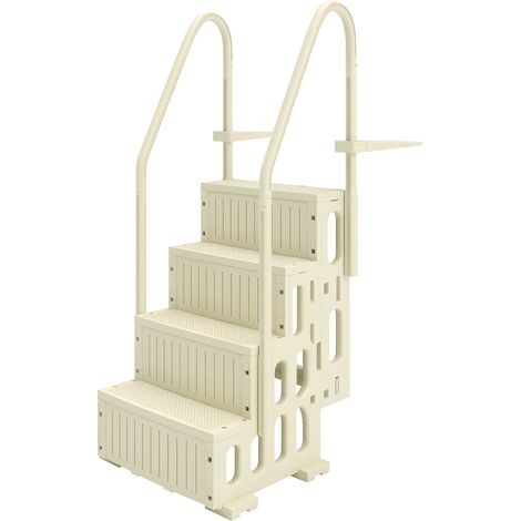 Escalier de Piscine en HDPE avec 2 Rampes et 4 Marches pour Piscine Creusée 117-147 cm, 80,8x86x198,5cm, Crème (1/5)