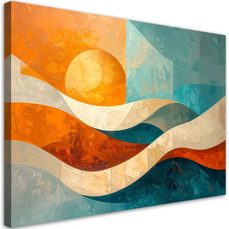 Quadro su tela, Astrattismo onde turchese e arancione, 90x60 (1/5)