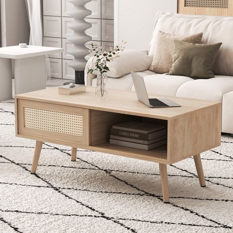 Table Basse Rotin Tressé avec Portes Coulissantes, Pieds Bois Massif, Style Moderne Naturel - H40xL105xP55 cm (1/5)