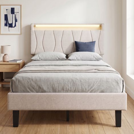 Lit adulte 90x200 cm, lit capitonné simple avec LED RGB et Ports USB/Type-C, tête de lit avec rangement, Lin, style moderne, Beige (1/5)