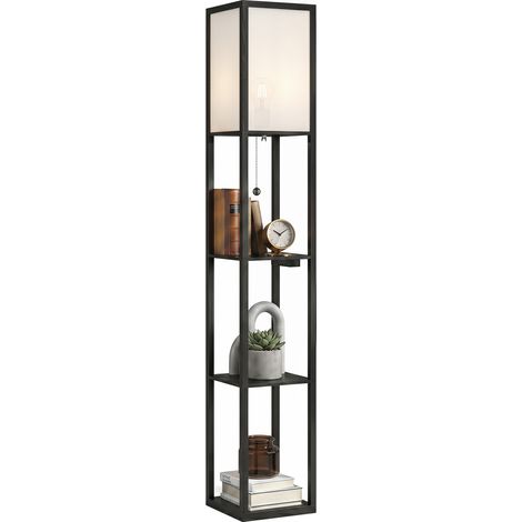 LED Stehlampe mit Ablagen, dimmbar, Kettenschalter & Steckdosen, schwarz (1/5)