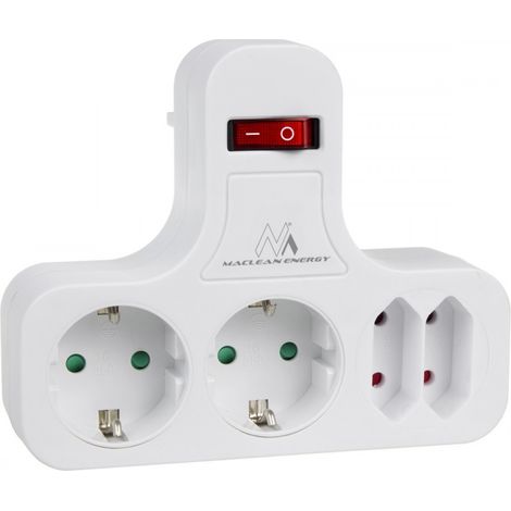MACLEAN MCE224 PRISE QUADRUPLE DE COURANT AVEC UN INTERRUPTEUR À PATTE STABILISATRICE TYPE SCHUKO, 2X 2.5A, 2X 16A
