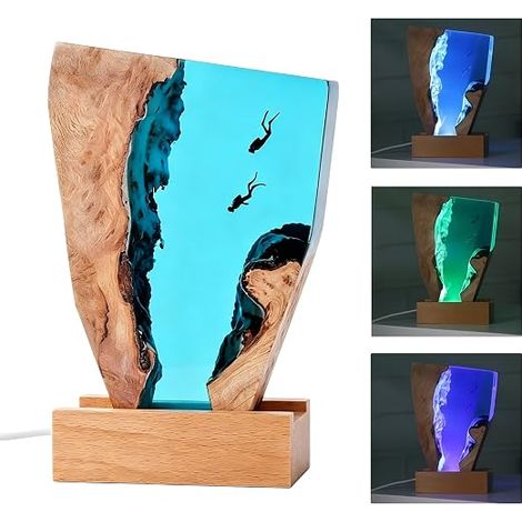 Veilleuse 3D océan, lampe de chevet, statue marine en résine époxy, décoration de plongée avec socle en bois et câble USB, lampe de nuit LED pour les amateurs de mer, salon, chambre à coucher (1/5)