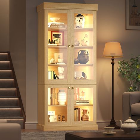 Vitrine haute LED 80x40x180cm,portes vitrées, étagères intérieures effet bois,MDF et verre,Bois naturel (1/5)