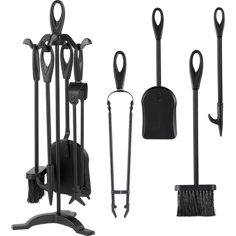 Serviteur de cheminée 5 pièces, outils à feu de 64 cm avec pince et support, finition noire (1/5)