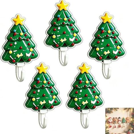 New 2026 Cute Christmas Wall Hooks, Cartoon Adhesive Hooks for Holiday Decorations - Christmas Trees -