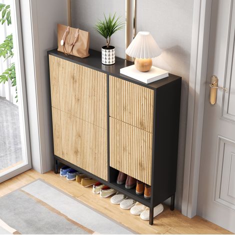 Zapatero con banco, 100x25x100 cm, gran capacidad, almacenamiento abierto, MDF, negro y natural (1/5)