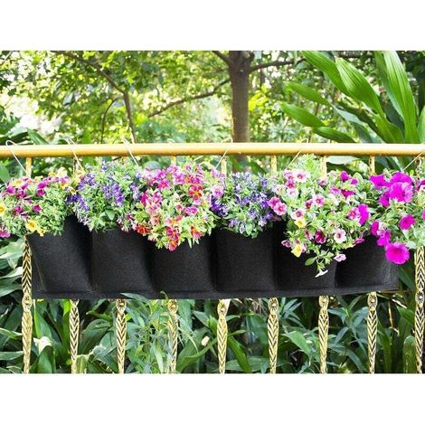 Bolsas de cultivo verticales, bolsas de cultivo para pared de jardín, macetas colgantes, jardineras colgantes para balcón, flores de interior y exterior, 6 bolsas (negras)
